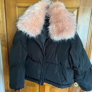 Black and pink faux fur puffer jacket
